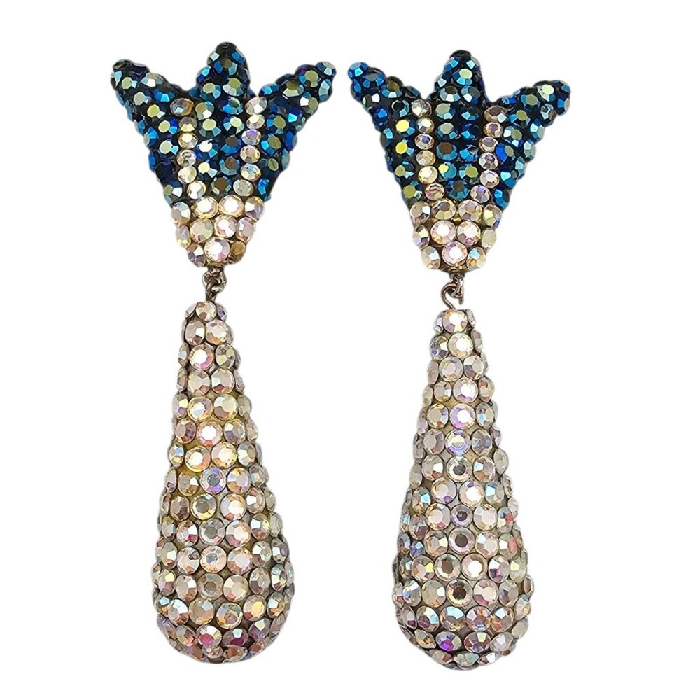 Blue AB Rhinestone Clip-On Earrings, Long Drop Dangles